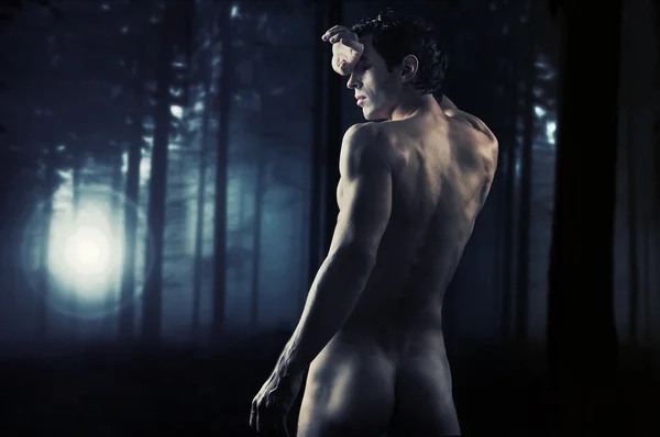 Foto d'arte di un giovane uomo muscoloso in una foresta — Foto Stock