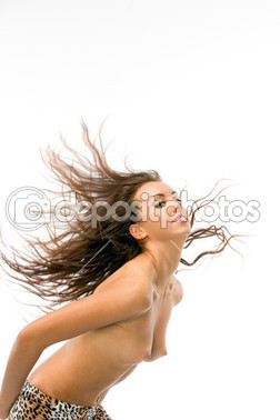 The girl topless with fluttering hair
