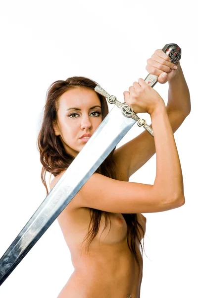 stock image The girl topless with an a sword on a white background