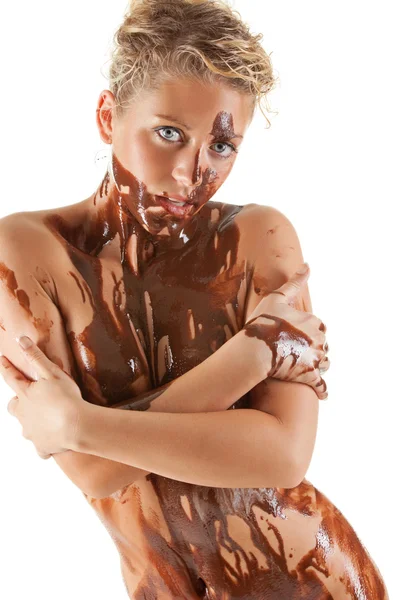 stock image Naked blond girl eating chocolate