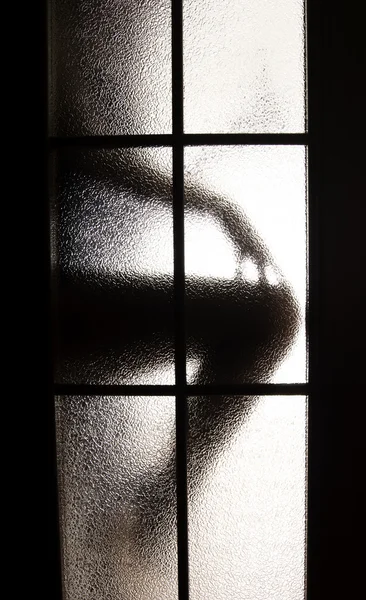 stock image Young girl posing behind the glass